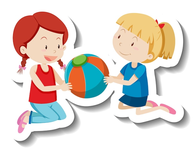 Two kids holding beach ball together