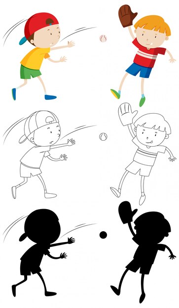 Two kids playing baseball in color and in outline and silhouette