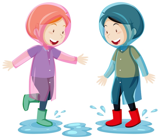 Free vector two kids wearing raincoat jumping in puddles cartoon style isolated on white background