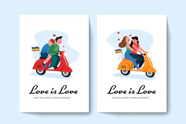 Free Vector two lgbt gay couple and lesbian couple riding on a scooter.