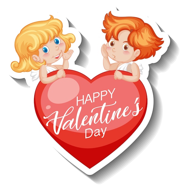 Free vector two little cupids with happy valentines day heart banner