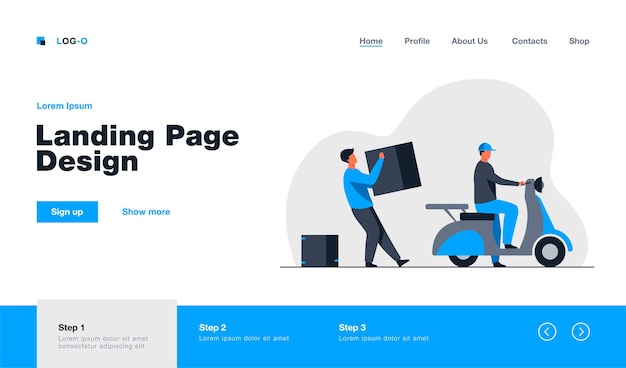 Two loaders carrying big carton box to couriers scooter landing page template