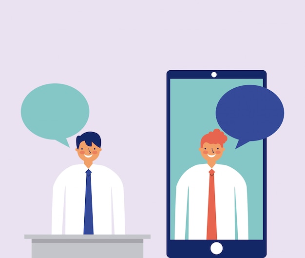 Free Vector two man talking in smartphone and bubble speech, flat style