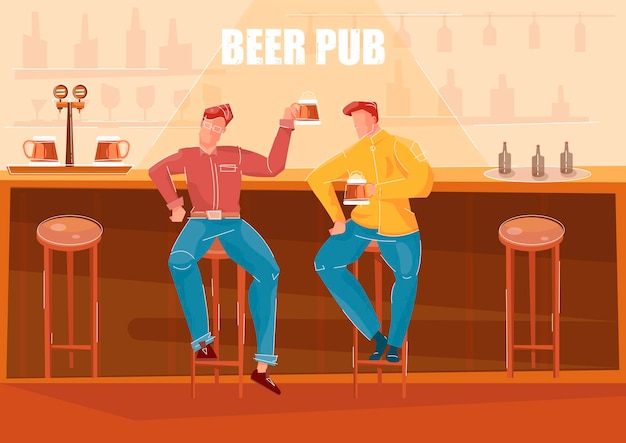 Free Vector two men drinking beer at bar counter in pub flat