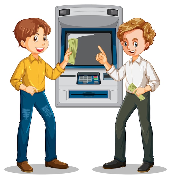 Free Vector two men withdraw money from atm machine