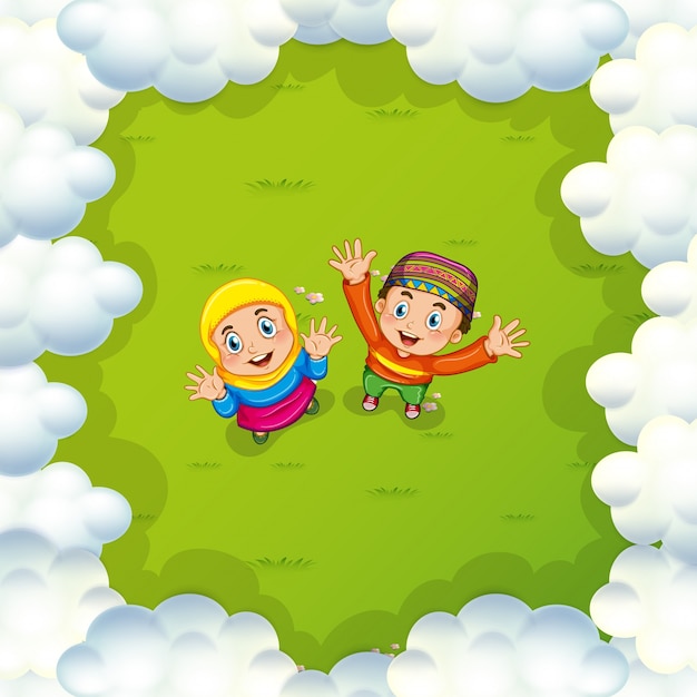 Free Vector two muslim kids waving hands