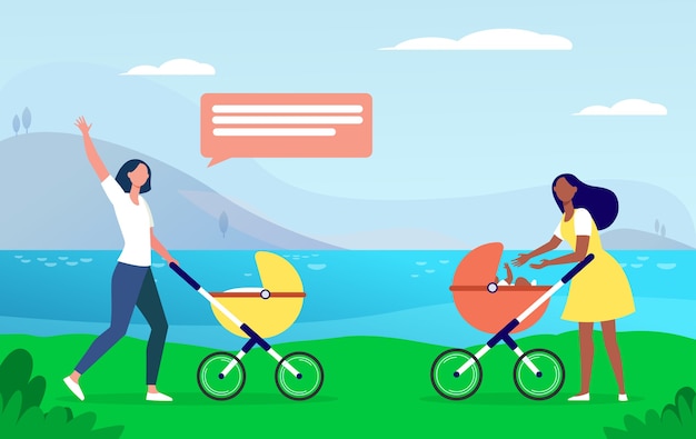 Two new moms walking together. Woman with strollers meeting and waving hello flat illustration.