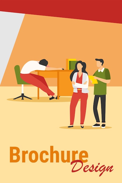 Two office workers looking at sleepy colleagues. Exhausted employee sleeping at workplace flat vector illustration. Lazy worker, burnout concept 