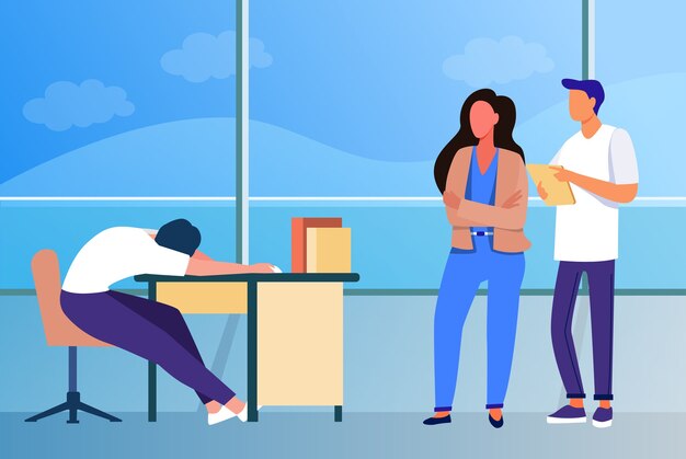 Two office workers looking at sleepy colleagues. Exhausted employee sleeping at workplace flat vector illustration. Lazy worker, burnout