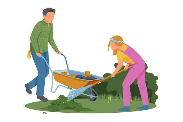 Free vector two people working with wheelbarrow and rake in spring garden flat composition