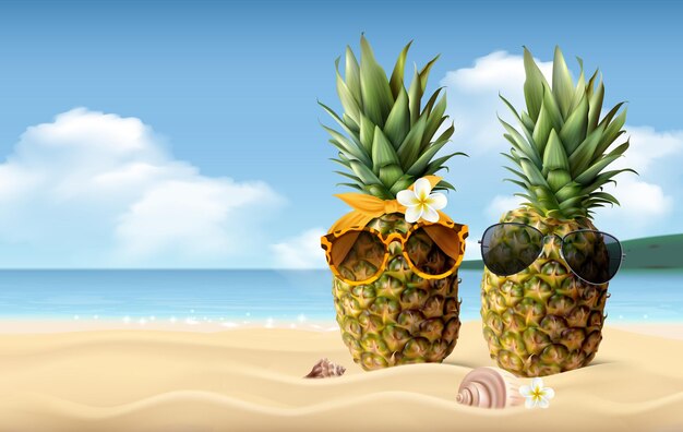 Two pineapples with sunglasses on sandy beach realistic summer composition