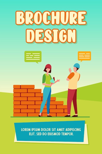 Free vector two positive builders talking and working. brick, worker, wall flat vector illustration