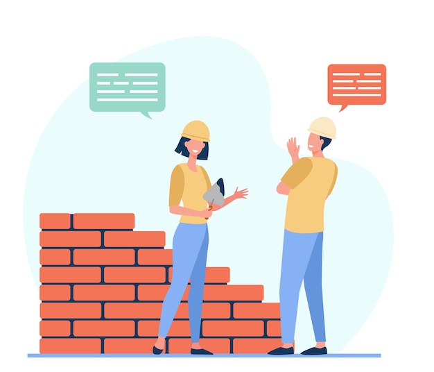 Free vector two positive builders talking and working