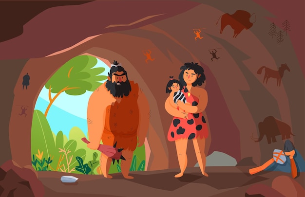 Free Vector two primitive people with child in cave cartoon