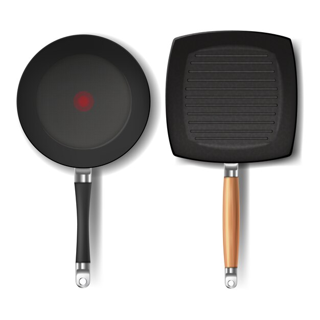 Two realistic black frying pans, round and square shape, with red thermo-spot indicator