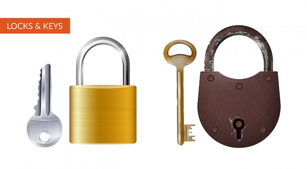 Two realistic kits of padlock with key for safety and security protection isolated