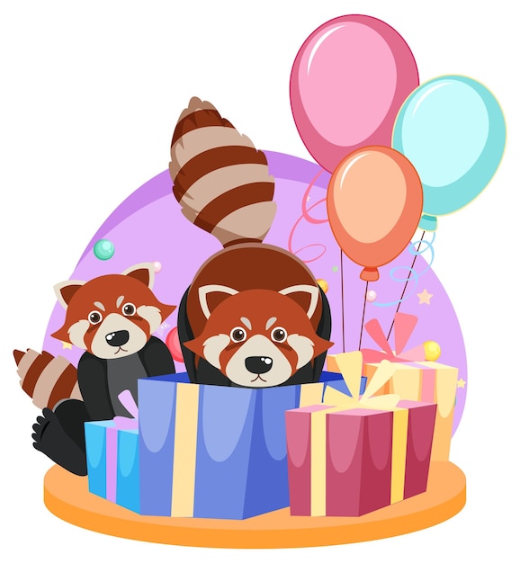 Free Vector two red pandas with gift boxes and balloons