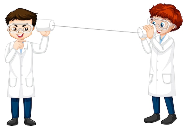 Two scientist boy doing string phone experiment