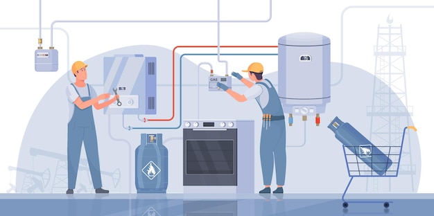 Two technicians fixing domestic gas appliances and installing tank flat vector illustration