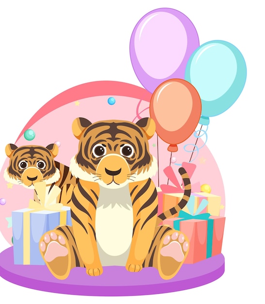 Free Vector two tigers with gift boxes and balloons