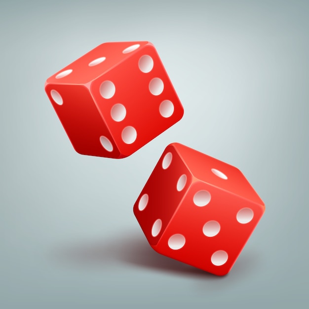 Two vector red casino falling dice with white dots isolated on background