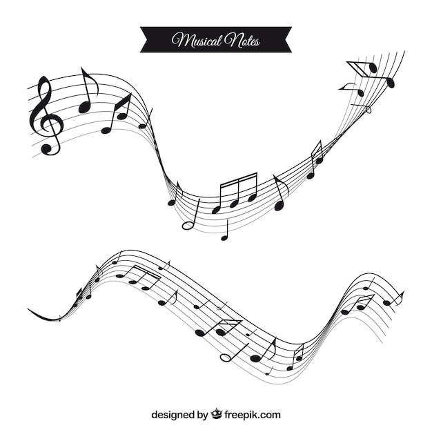 Free vector two wavy staves with musical notes in flat design