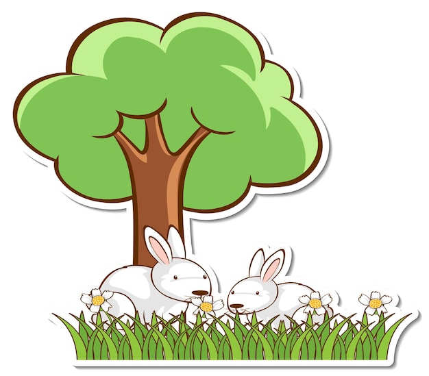 Free Vector two white rabbits under the tree sticker