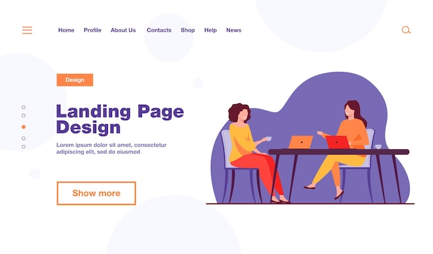 Two women sitting in cafe with laptops landing page template