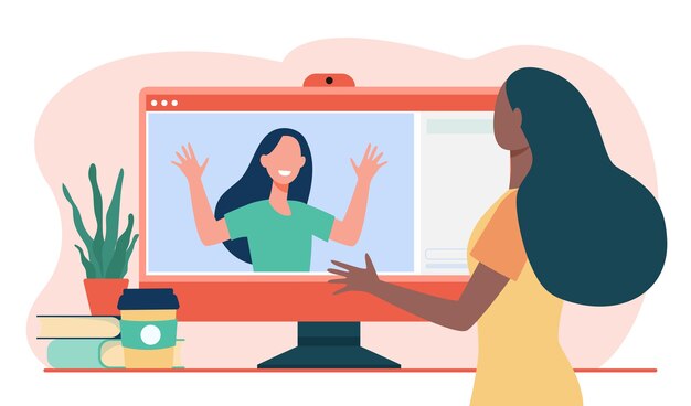 Two women video chatting via computer. Monitor, friend, distance flat vector illustration. Communication and digital technology