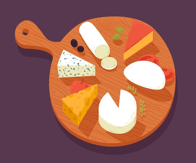 Free Vector types of cheese on wooden board illustrated