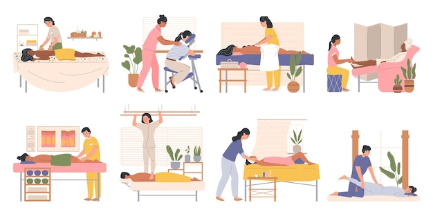 Free vector types of massage set of flat isolated compositions with doodle characters of clients and massage therapists vector illustration