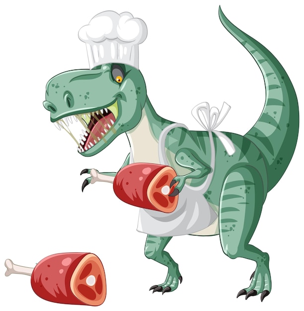 Tyrannosaurus rex dinosaur holding meat bone in cartoon style