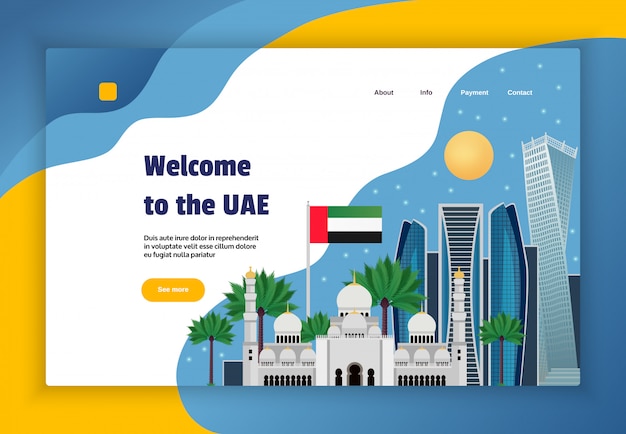 UAE online travel agency website concept banner with flag mosque science fiction style architecture flat  illustration