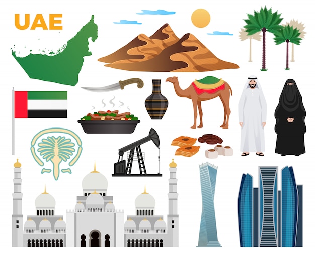 UAE travel flat icons collection with landmarks national flag clothing cuisine mountains modern architecture mosque  illustration