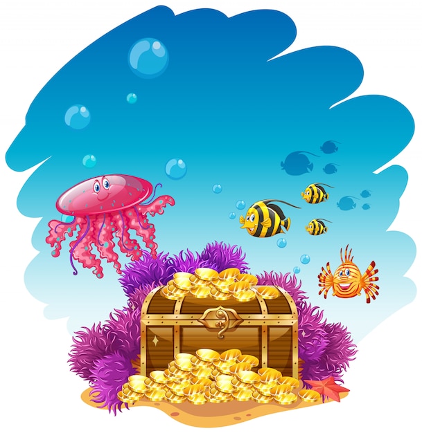 Free Vector uderwater scene with treassure box and fish