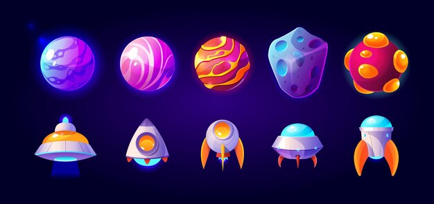 Ufo spaceships and rockets with planets or asteroid isolated. collection cartoon icons set