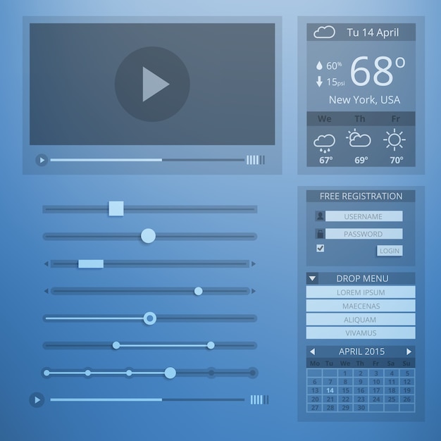 UI transparency flat design of web elements. Setting and website menu, weather and control, account and data, webpage and video player.