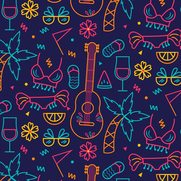 Ukulele guitar and plants seamless carnival pattern