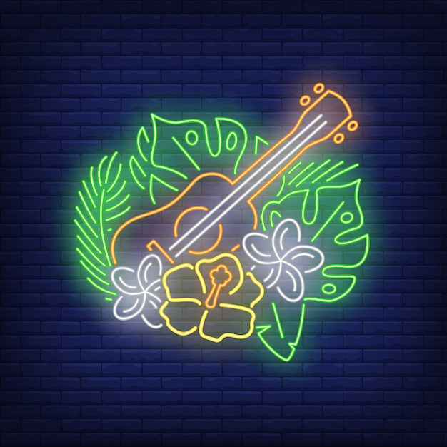 Ukulele with hibiscuses neon sign