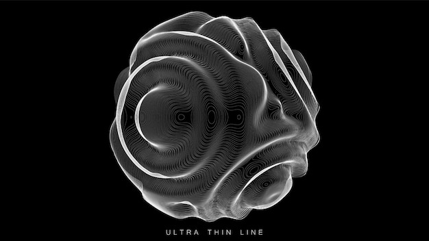 Ultra thin line fluid geometry. Dynamic vector distorted spheres. Digital fractal 3d swirl. Futuristic sound or data waveform. Chaotic particle wave motion trails.