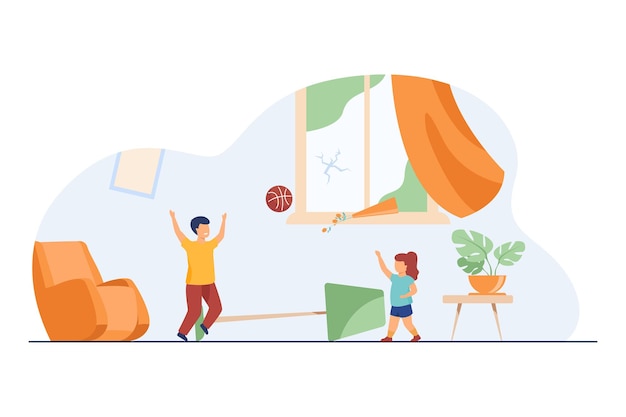 Unattended kids making chaos at home. Children playing ball indoors among mess flat illustration