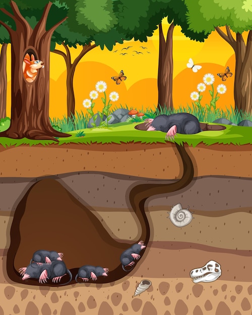 Free vector underground animal burrow with mole family