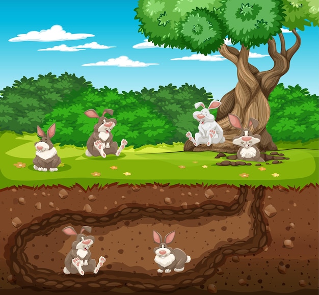 Free Vector underground animal burrow with rabbit family