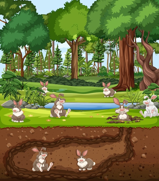 Free Vector underground animal burrow with rabbit family