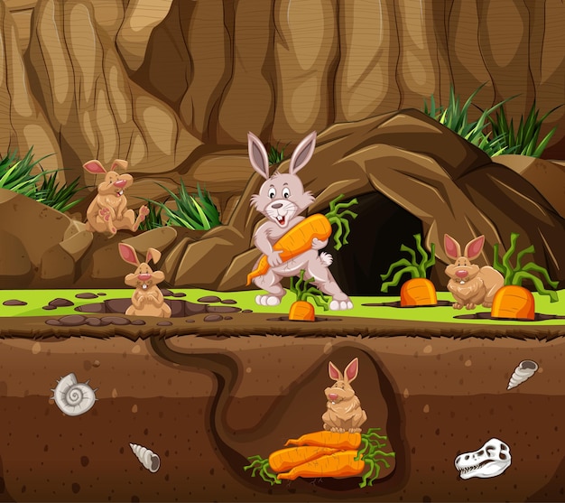 Free vector underground animal burrow with rabbit family