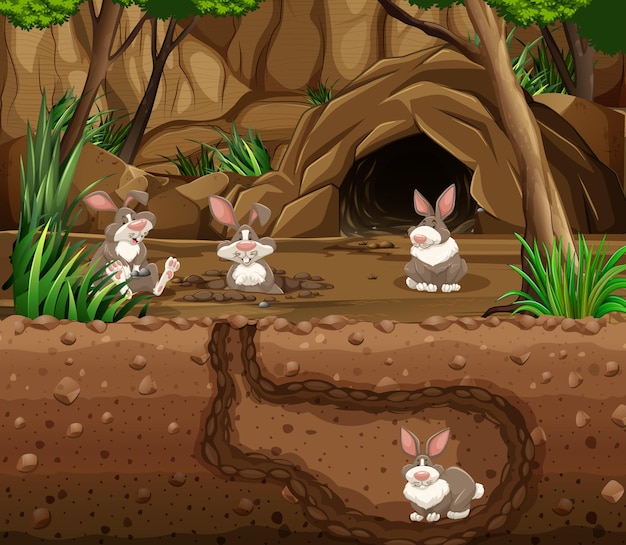 Free Vector underground animal burrow with rabbit family