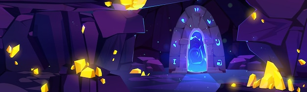 Free vector underground mine cave game cartoon illustration dark mountain cavern inside with yellow crystal and portal door fantasy dungeon tunnel with mysterious entrance to parallel place 2d level scene