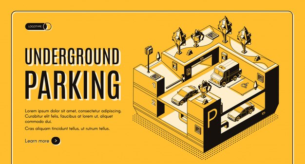 Underground parking service isometric  web banner. 