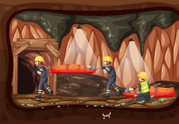 Underground scene with firerman rescue in cartoon style