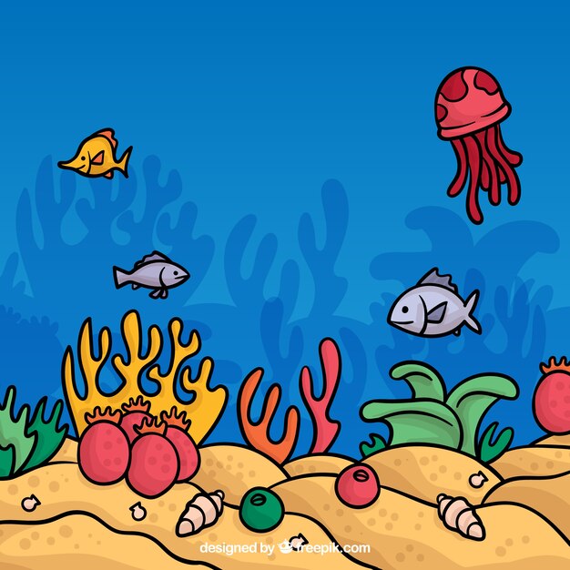 Underwater background with caricatures of aquatic animals